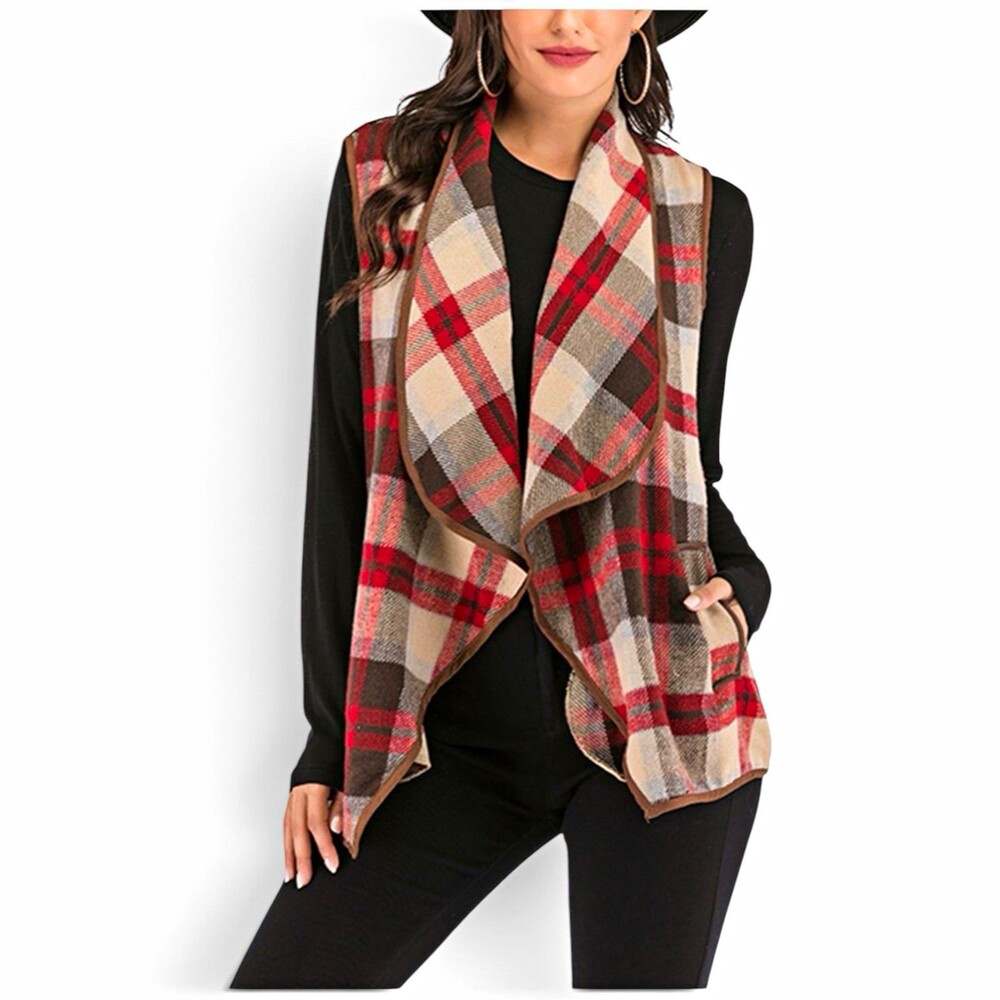 Plaid Tartan Boho Western Open Front Vest Pockets Plus Size 5XL